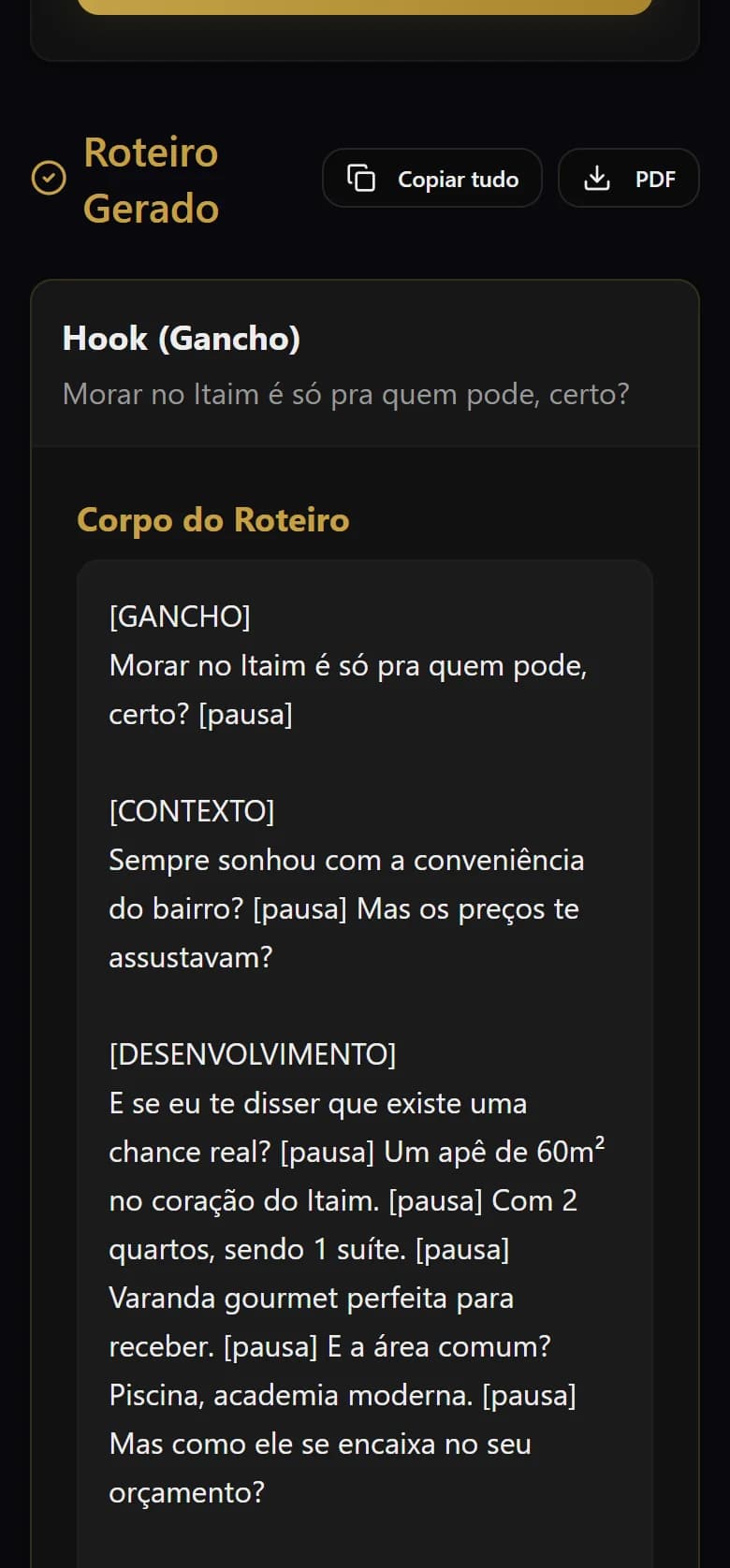 Roteirizador Pro no celular — script de captação em geração